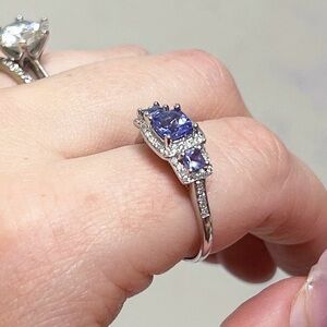 14kt White Gold, Natural Mined Diamond and Tanzenite Trinity Ring